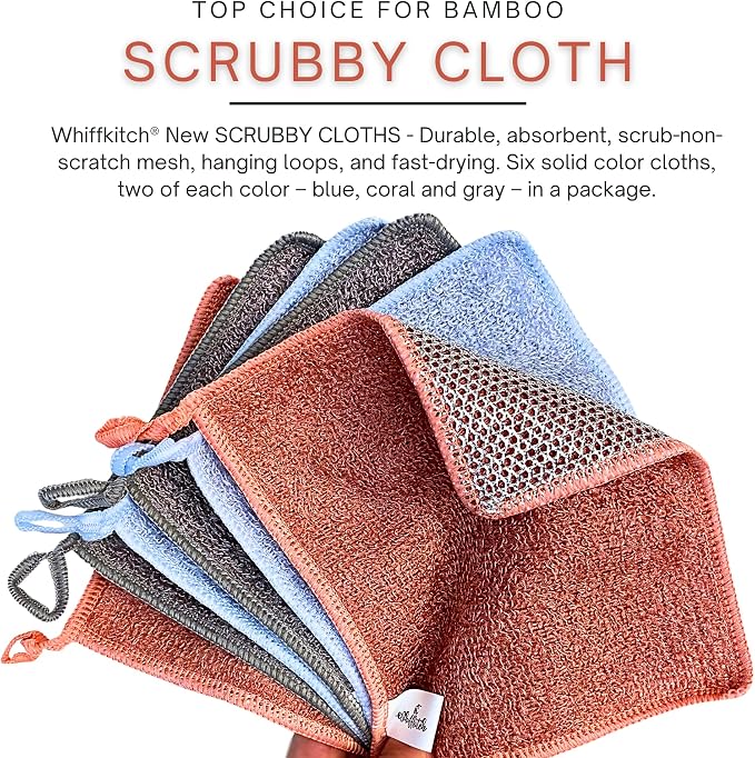 Whiffkitch® Scrubby Cloth – 6-Pack, Dishcloths, Dishrags for Kitchen and Household Cleaning 6x7, 2-Sided, Non-Scratch, Bamboo-Rayon, Scrub Mesh, Quick Dry, Washable, Reusable