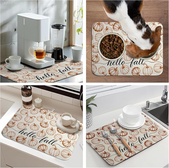 Hello Fall Dish Drying Mats Thanksgiving Pumpkin Dish Mat Autumn Drying Matt Dishes Dryer Pad for Kitchen Counter Absorbent Microfiber Washable Foldable Reusable 18x24 in