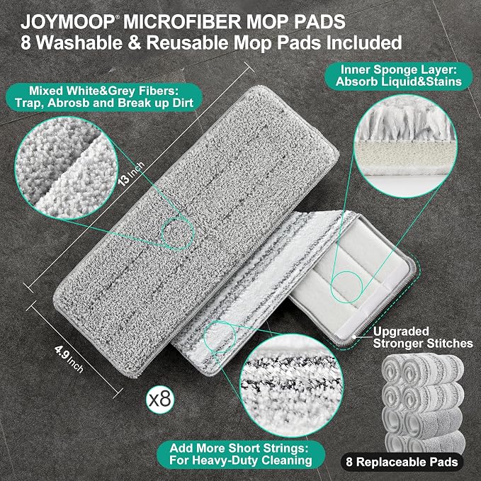 JOYMOOP Flat Mop and Bucket Set, White Microfiber Flat Mop System, Hands-Free Floor Cleaning Kit, 8 Washable Microfiber Pads, Wet and Dry Use, Commercial & Household Floor Cleaning Kit