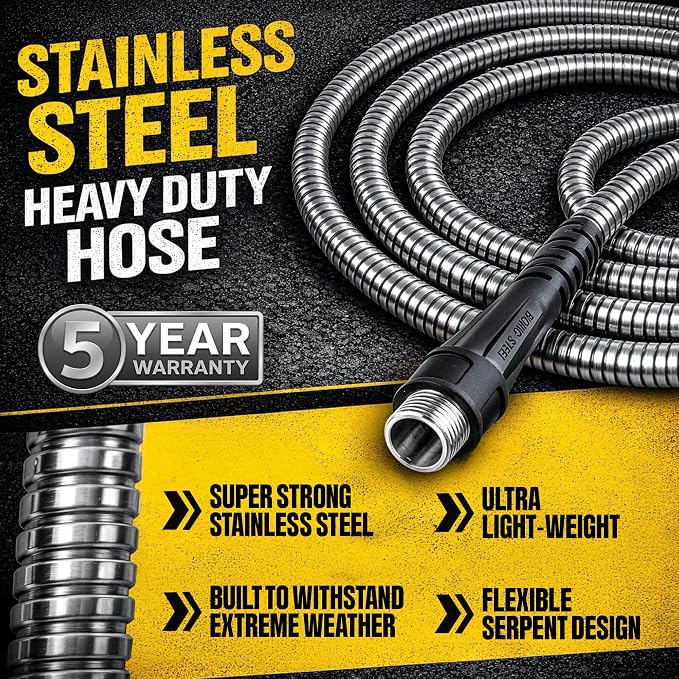 BIONIC STEEL 100 Ft Metal Garden Hose with Sprayer Nozzle | Non Kinking Design, Stainless Steel Heavy Duty Water Hose 100 Ft x 5/8 in. Flexible & NON Expandable for Water Flow, 500 PSI