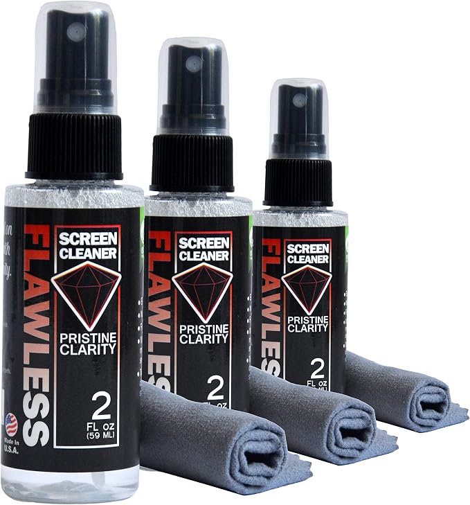 Flawless Screen Cleaner Spray with Microfiber Cleaning Cloth for LCD, LED Displays on Computer, TV, iPad, Tablet, Phone, and More (Mini 3 Pack)