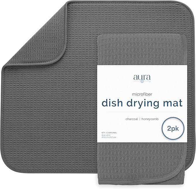 S&T INC. Dish Drying Mat, 2 Pack, 16" x 18", Large, Charcoal Grey | Absorbent Microfiber, 2PK Kitchen Counter Mat for Dishes, Utensils, Pots and Pans, Machine Washable
