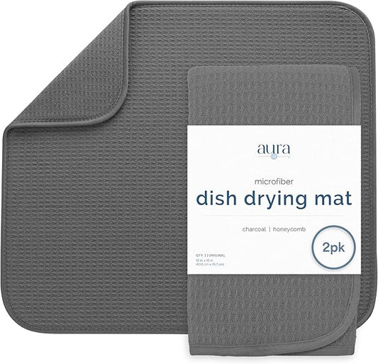 S&T INC. Dish Drying Mat, 2 Pack, 16" x 18", Large, Charcoal Grey | Absorbent Microfiber, 2PK Kitchen Counter Mat for Dishes, Utensils, Pots and Pans, Machine Washable