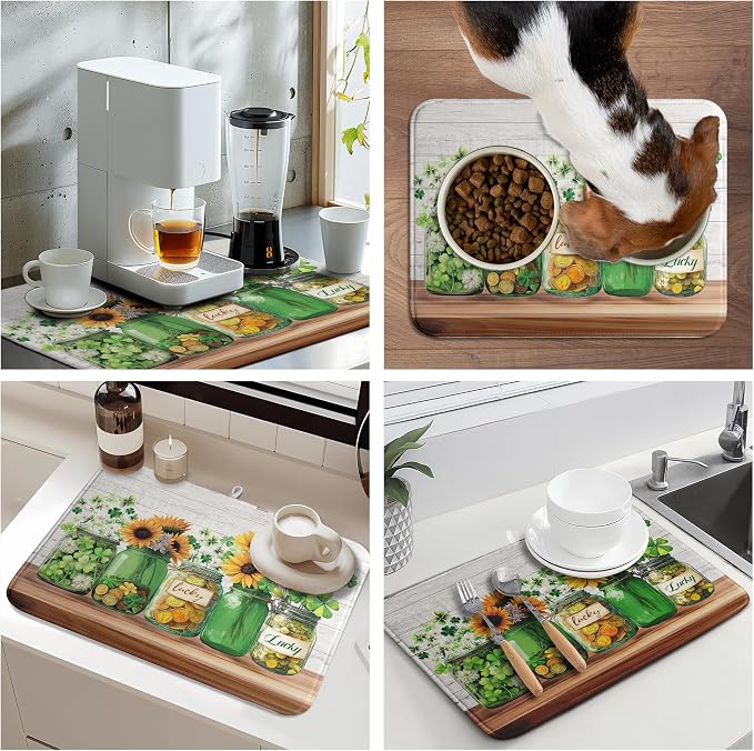 St Patricks Day Shamrock Dish Drying Mats St Patrick's Day Spring Dish Mat Sunflowers Drying Matt Dishes Dryer Pad for Kitchen Counter Absorbent Microfiber Washable Foldable Reusable 18x24 in
