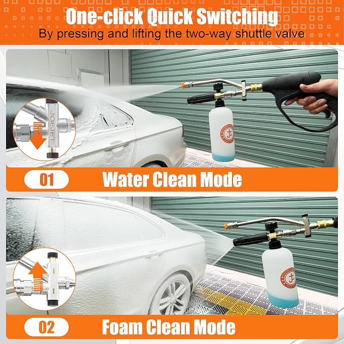 JOEJET Pressure Washer Gun and Foam Cannon Kit, M22-14mm | 1/4" Quick Connect Dual Wand with 1 L Bottle and 5 Nozzle Tips, Not for Garden Hose or Faucet