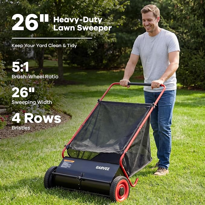 26-Inch Push Lawn Sweeper, Heavy Duty Leaf Sweeper with 4 Brushes & 7Cu.ft Bag, Adjustable Height Steel Frame Leaf,Manual Yard Sweeper for Collector for Yard, Lawn, Garden, Patio