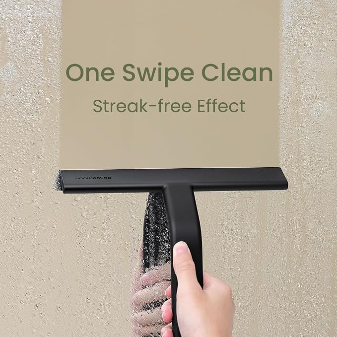 dancemoon JustHang Shower Squeegee with Built-in Hook, 10-Inch Black | Award-Winning Design, All-One-Piece Soft-Touch Silicone, for Glass Door, Bathroom, Window, Mirror, Tile Wall, Car