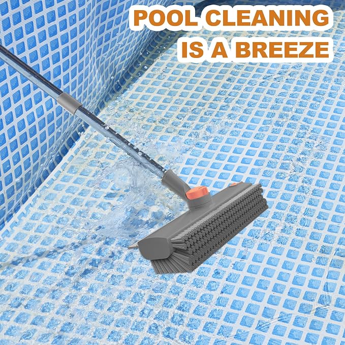 Floor Scrub Brush with Long Handle 3 in 1 Heavy Duty Stiff Bristle Scrubber Brush with Scraper V-Shaped Double-Sided Cleaning Brushes for Pool Tile, Grout,Crevices,Shower,Bathroom,Wall,Patio (Grey)