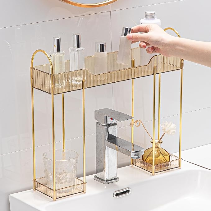 YCIA&DONE Bathroom Countertop Organizer Over The Faucet, Narrow Counter Organizers Above Sink, Table Mounted Faucet Sink Shelf for Kitchen, Toilet, Laundry(Amber Gold)