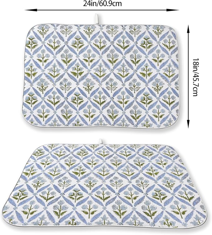 Blue Sage Green Block Print Dish Drying Mats 18x24 Inch Blue Green Vintage Spring Floral Drying Mats Summer Outdoor Decorations Absorbent Drying Dish Mats for Kitchen Dining Room Counter Decor