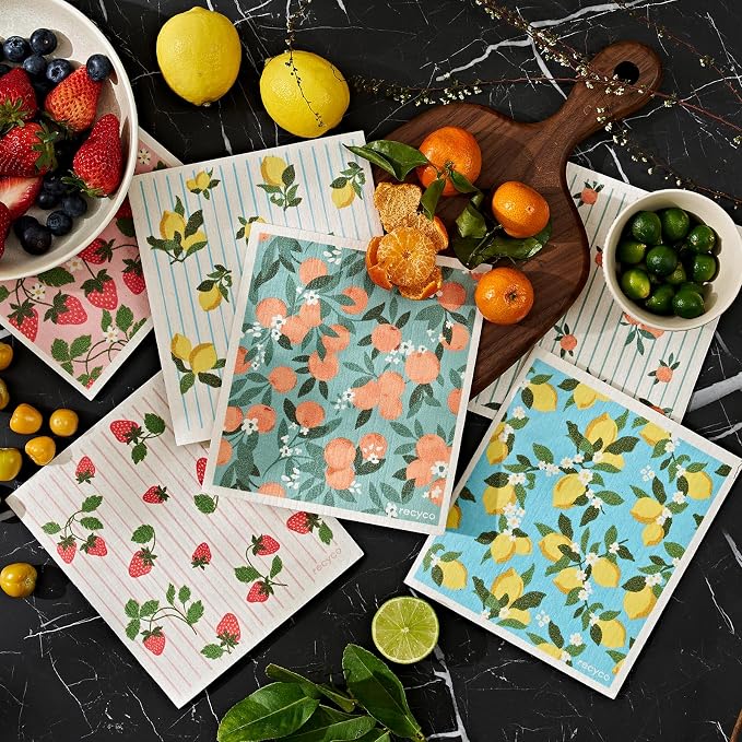 RECYCO Swedish Dishcloths for Kitchen | 6 Packs Orchard Grove Washable Dish Rags | Cellulose Reusable Cleaning Paper Towels | Absorbent Counter Dish Cloth Sponge Kitchen Wipes, 8" L x 7" W