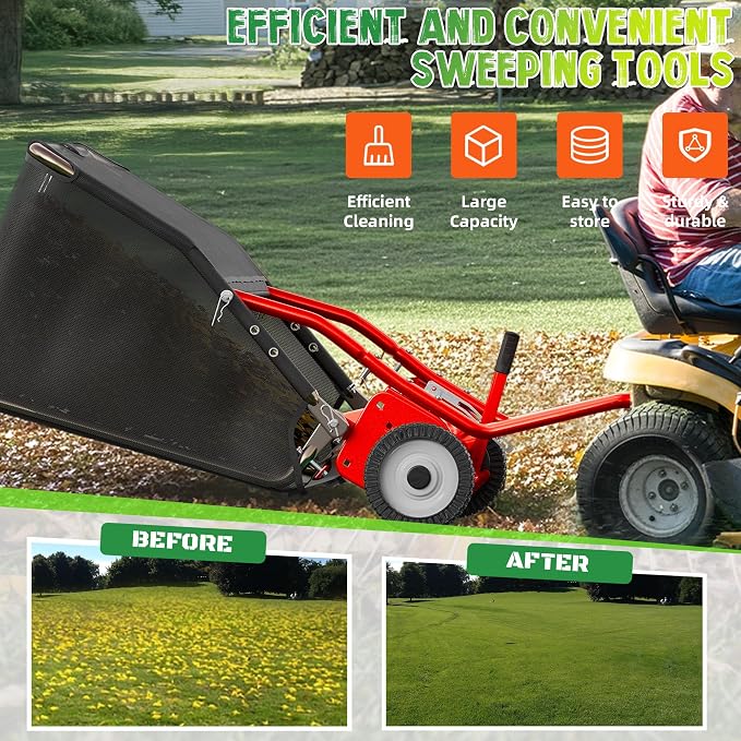 48" Lawn Sweeper Tow Behind - Pull Behind Grass Sweeper with 25.16 cu. ft Large Hopper, Heavy Duty Leaf & Grass Collector, Adjustable Brush Height Lever and Dumping Rope, Lawn and Yard Cleanup Tool