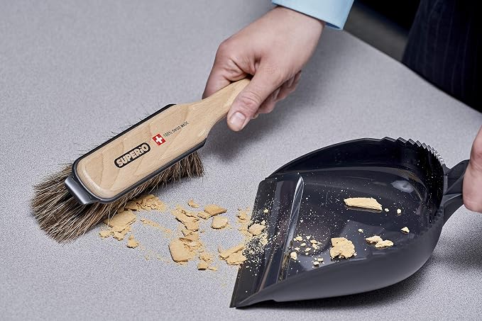 Superio Handheld Comfort Grip Plastic Dustpan and Wooden Brush Set - Hand Broom with Swiss Natural Horsehair Bristles Compact Design, 2-Pack