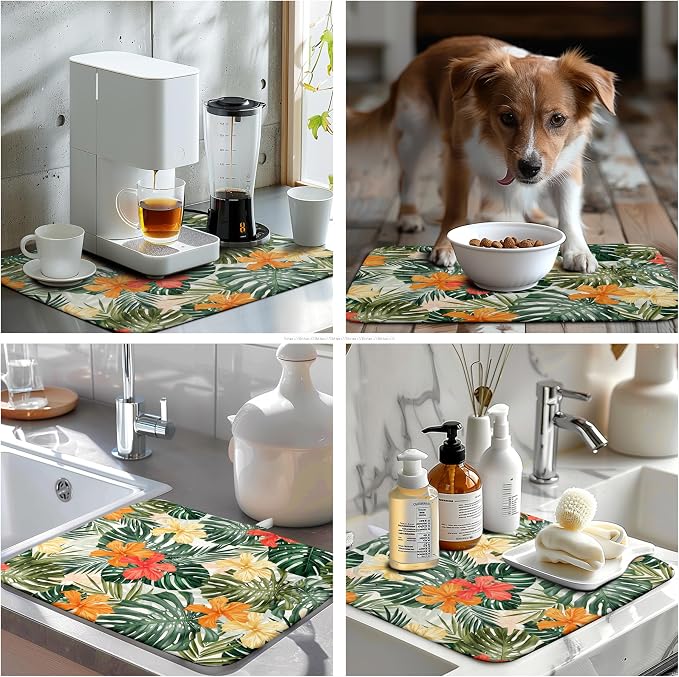 Tropical Leaves Flower Drying Mat for Kitchen Counter Summer Palm Leaf Drying Dish Mat Watercolor Herbs Dishes Pad Absorbent Fast Dry Kitchen Accessories 16x18 Inch