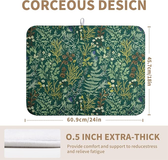 Dark Green Plant Dish Drying Mat for Kitchen Counter Vintage Botanical Floral Leaf Dishes Drying Mat Absorbent Microfiber Dish Draining Pad Washable Large Dish Drainer Rack Mats 18x24 Inch