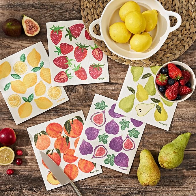 RECYCO Swedish Dishcloths for Kitchen | 5 Pack Fruit Grove Washable Dish Rags | Cellulose Reusable Cleaning Paper Towels | Absorbent Counter Dish Cloth Sponge Kitchen Wipes, 8" L x 7" W