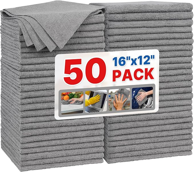 FIXSMITH Grey Microfiber Cleaning Cloth, Pack of 50, 16"X12" Cleaning Rags for Housekeeping and Kitchen, Reusable Shop Towels, Microfiber Towels for Cars, Lint Free, Scratch-Free, Highly Absorbent