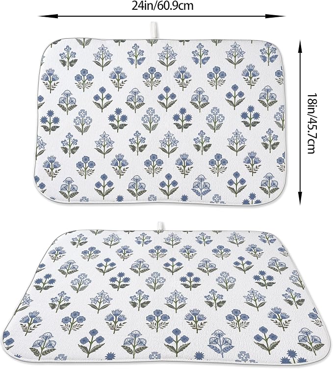 Blue Sage Green Block Print Dish Drying Mats 18x24 Inch Blue Sage Green Vintage Spring Floral Decorative Drying Mats Summer Outdoor Decor Coffee Bar Mat for Kitchen Dining Room