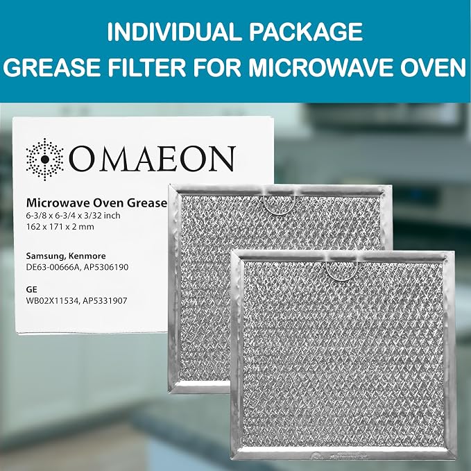 Microwave Grease Filter WB02X11534 DE63-00666A for GE & Samsung, 2-Pack | Fits GE WB02X11534 & Samsung DE63-00666A. 6-3/8" x 6-3/4" washable aluminum mesh grease filter replacement.