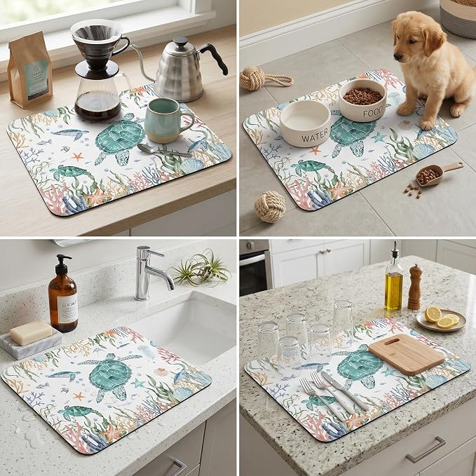 Sea Turtle Dish Drying Mat for Kitchen Counter Sink, Summer Beach Absorbent Microfiber Drying Pad, Reversible Waterproof Countertop Mat for Kitchen Decor