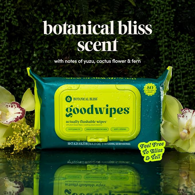 goodwipes Flushable Wipes for Adults - Botanical Bliss Butt Wipes for Women & Men, Septic Safe, Toilet & Bathroom Essentials, Extra Large, 318 Count (6 Packs and 1 Travel Pack)