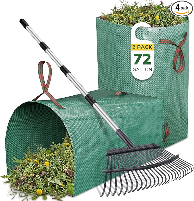 GreatBuddy Leaf Rake and Leaf Bags Combo, Adjustable Metal Garden Rake 29''-72'' 25 Tines, 2 Pack 72 Gallon Reusable Yard Waste Bags, Heavy Duty Lawn Rake with Dustpan Leaf Collector for Yard Cleanup