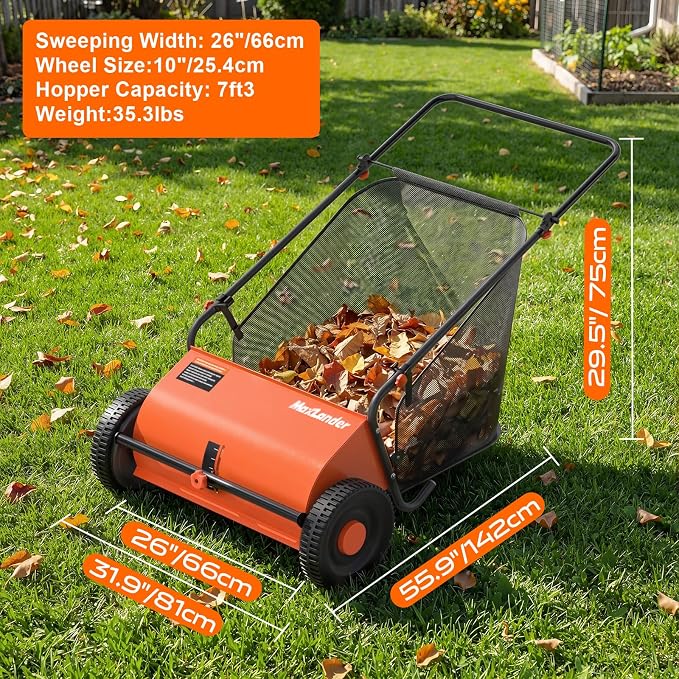 MAXLANDER 26" Lawn Sweeper for Leaves & Grass, Push Behind Yard Cleaner with 7 Cu.Ft. Hopper Bag, Adjustable Height Brushes & Smooth Rolling Rubber Wheels Grass Catchers