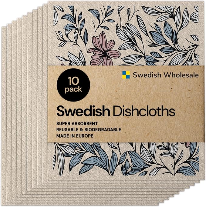 Swedish Wholesale Dishcloths Reusable 8" x 7" Sponge Cloths, Bulk 10 Pack of High Absorbent Cellulose Dish & Kitchen Cleaning Hand Towels, Wring to Dry & Machine Wash, Odor Resistant, Mini Flower