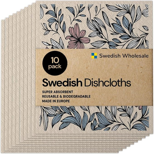 Swedish Wholesale Dishcloths Reusable 8" x 7" Sponge Cloths, Bulk 10 Pack of High Absorbent Cellulose Dish & Kitchen Cleaning Hand Towels, Wring to Dry & Machine Wash, Odor Resistant, Mini Flower