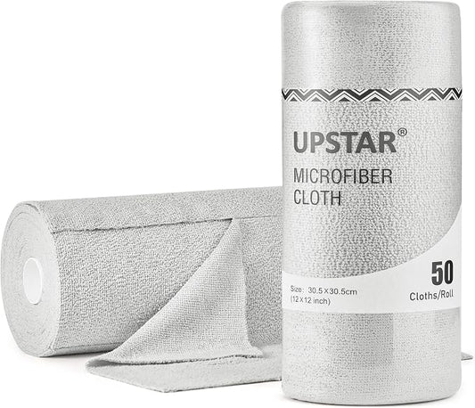 UPSTAR Microfiber Cleaning Cloth, Reusable Paper Towels Rolls, 50 Packs 12x12 inch Cleaning Rags for Washing Dishes, Kitchen, Bathroom, Car, Grey