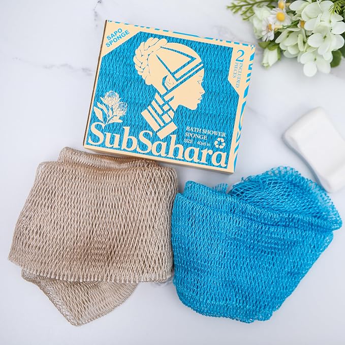 SubSahara Authentic African Net Sponge - 2 Pack Exfoliating Bath & Shower Loofah Sponge for Body & Face, Gentle Scrubber for All Skin Types, Travel, Durable (Linen & Sky Blue)