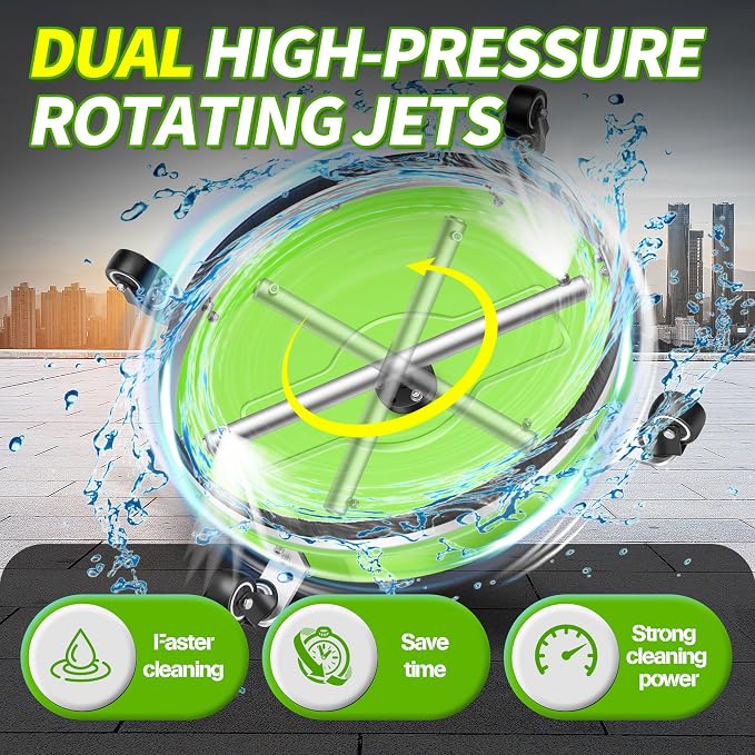 LidoDola 19'' Pressure Washer Surface Cleaner Green, Power Washer Accessory | Stainless Steel Housing with 4 Wheels, 1/4" QC, 2 Extension Wands & 2 Replacement Nozzles, for Gas & Electric Pressure Washer