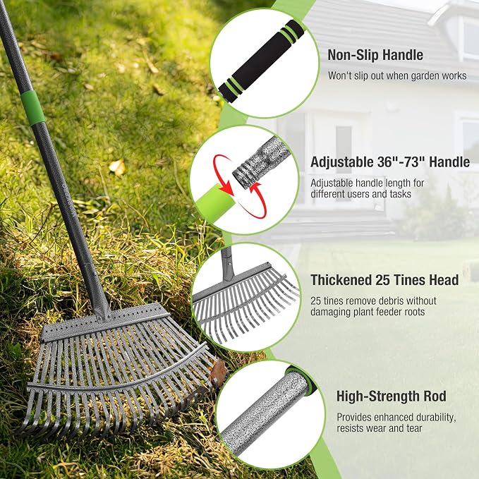WORKPRO Rakes, Small Leaf Rake with 73” Adjustable Long Handle | Narrow Metal Garden Rake with 25 Steel Tines, Heavy Duty Rust-Resistant Lawn Rakes for Yard, Flower Beds & Tight Spaces