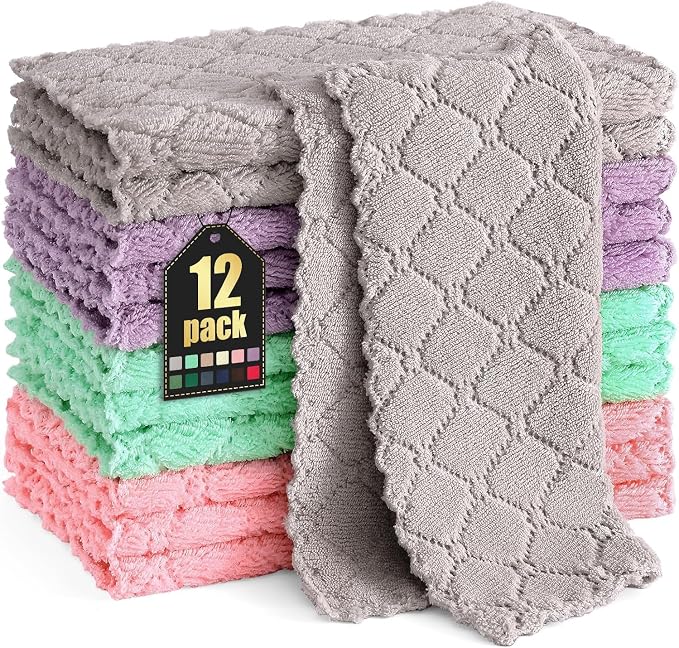 Homaxy 12 Pack Kitchen Dish Cloths (10 x 10 Inches, Multi Color), Super Soft and Absorbent Coral Velvet Dish Towels, Nonstick Oil Fast Drying Microfiber Cleaning Cloth, No Lint Household Dishcloths