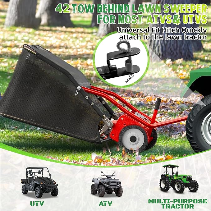42" Lawn Sweeper Tow Behind, Pull Behind Lawn Sweeper with 18.55 cu. ft Large Hopper, Heavy Duty Leaf & Grass Collector, Adjustable Brush Height Lever and Dumping Rope, Lawn and Yard Cleanup Tool