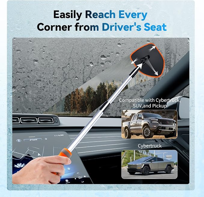 XINDELL Interior Windshield Cleaner Tool, Car Window Cleaning Kit with 4 Reusable Microfiber Pads, Extendable Handle & 360° Rotating Head, Safety Hammer, Streak-Free Auto Glass Wiper for Truck SUV RV