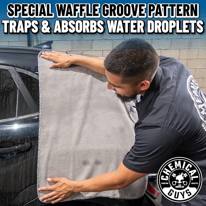 Chemical Guys Waffle Weave Gray Matter Microfiber Drying Towel - 25" x 36",Premium Blend Microfiber Towel with Soft-Banded Edging for Scratch-Free Car Drying,Ultra Absorbent,(Pack of 12)