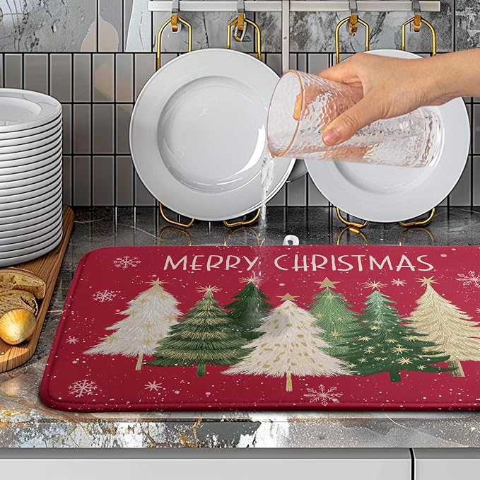 Merry Christmas Dish Drying Mat for Kitchen Counter 18x24 Inch Red Xmas Tree Snowflakes Drying Pad Winter Holiday Absorbent Microfiber Dish Draining Reversible Dish Drainer Rack Mat
