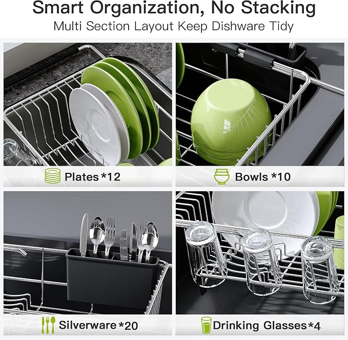 JASIWAY Dish Drying Rack in Sink, Expandable Stainless Steel Dish Drainers for Kitchen Counter, Dish Dryer Rack for Inside Sink, Over The Sink Dish Racks with Utensil Holder, Silver