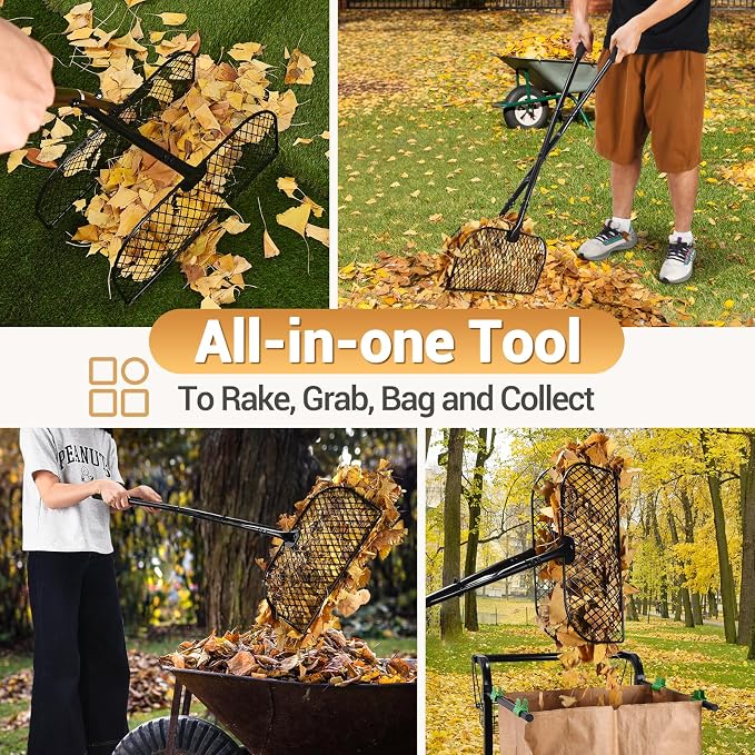 CAROD Leaf Grabber Rake with Long Handle, Lightweight Metal Leaves Rakes, Leaf Collector for Gardening, Leaf and Grass Picker Upper, Efficient and Labor-Saving Yard Rake Leaf Grabber No Bending Over