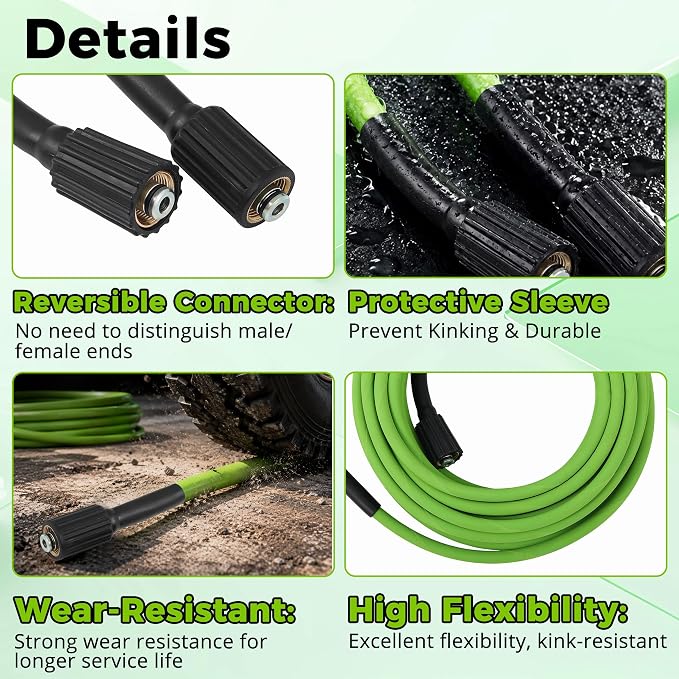 PWACCS Pressure Washer Hose 50 FT, 1/4" ID Steel Braided Power Washer Hose | M22-14mm Fittings, 4000 PSI High Pressure Wash Replacement Hose, Universal Adapter Kit, Green