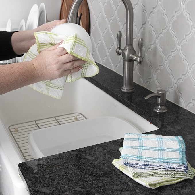 Ritz 100% Cotton 12-inch x 12-inch Kitchen Dish Towel, Gentle Cleaning Wash Cloth with Poly Scour Side, 5-Pack, Cool