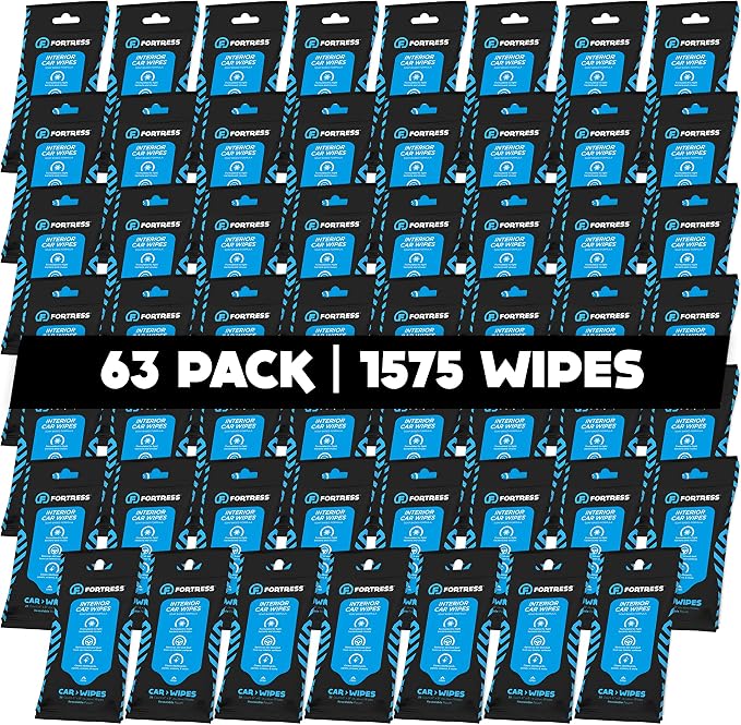 Fortress Car Interior Wipes (25 ct, Pack of 63) for Car Interior Cleaning, Dashboard, Seats, Detailing, and Steering Wheel [Travel Size] Skin-Safe Car Interior Cleaner Supplies