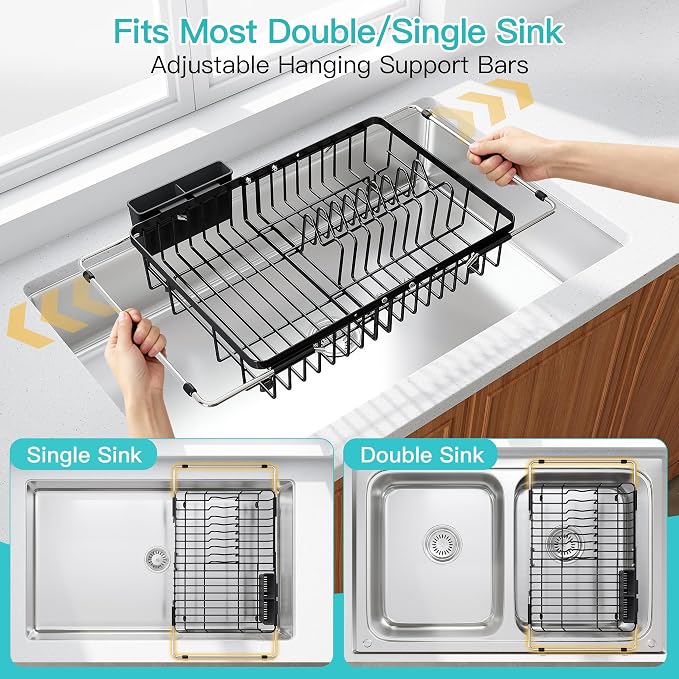 JASIWAY Expandable Stainless Steel Black Over The Sink Dish Drying Rack for Small Kitchen Counter Space Saving, Compact Plate Drainer Strainer, Adjustable Hanging Metal Dish Dryer with Utensil Holder