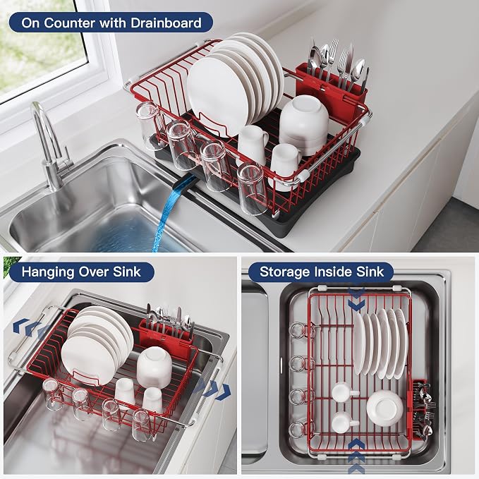 JASIWAY Red Dish Drying Rack in Sink, Expandable Stainless Steel Dish Drainers with Drainboard for Kitchen Counter, Space Saving Dish Dryer Rack, Over The Sink Dish Racks with Utensil Holder