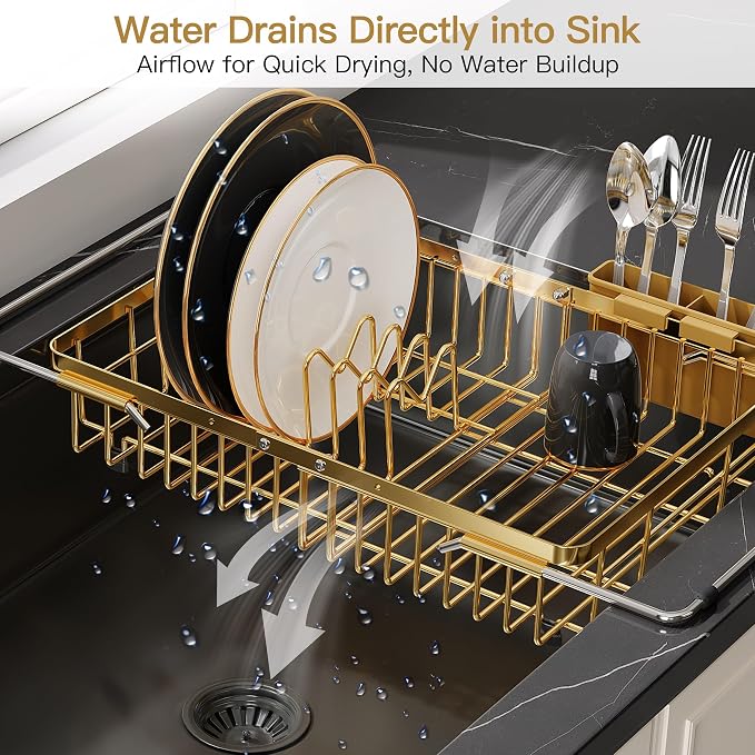 JASIWAY Expandable Stainless Steel Gold Dish Drying Rack Over The Sink for Small Kitchen, Counter Space Saving Compact Plate Drainer Strainer, Adjustable Hanging Metal Dish Dryer with Utensil Holder
