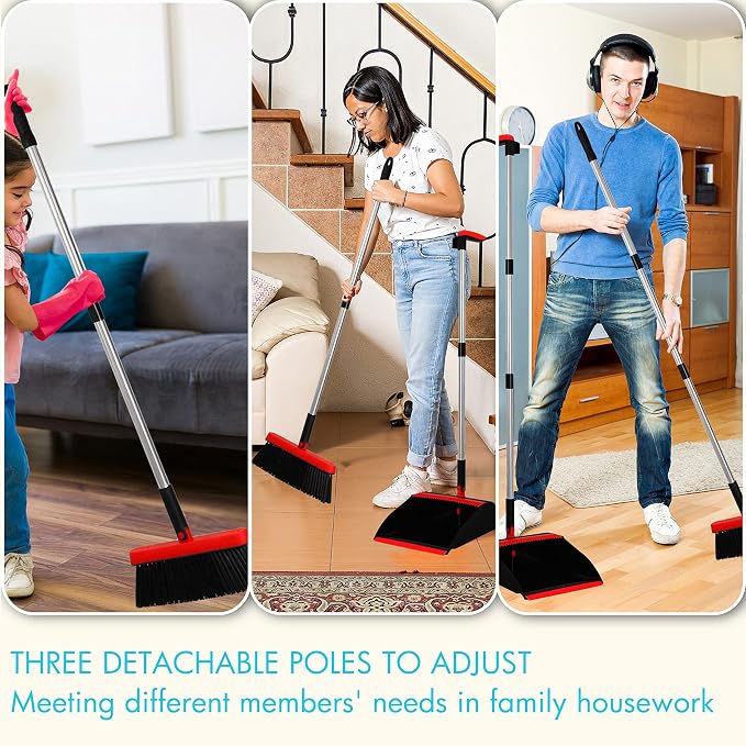 2 Pack Broom and Dustpan Set with 48" Long Handle Black | Stand Up Dustpan with Self-Cleaning Teeth and Long Handle Broom Set for Home, Office, Kitchen and Indoor Outdoor Cleaning
