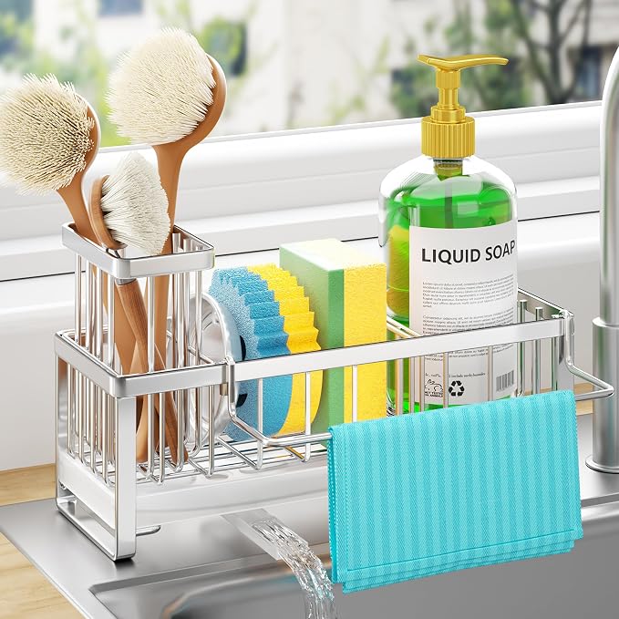 HapiRm Sponge Holder for Kitchen Sink - Self-draining Sink Caddy with Brush Holder and Dishcloth Holder, Stainless Steel Kitchen Organizer - Silver