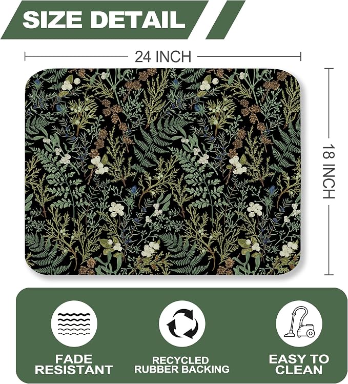 Black Sage Green Plant Dish Drying Mat, Summer Botanical Absorbent Microfiber Pad, Reversible Kitchen Counter Sink Mat for Home Decor