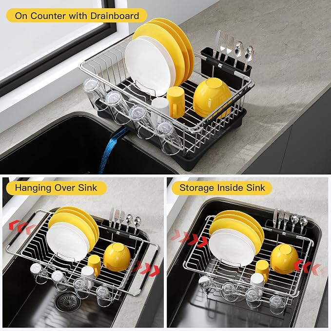 JASIWAY Sink Dish Drying Rack with Drainboard, Expandable Stainless Steel Dish Drainers for Kitchen Counter, Space Saving Dish Dryer Rack, Over The Sink Dish Racks with Utensil Holder, Silver